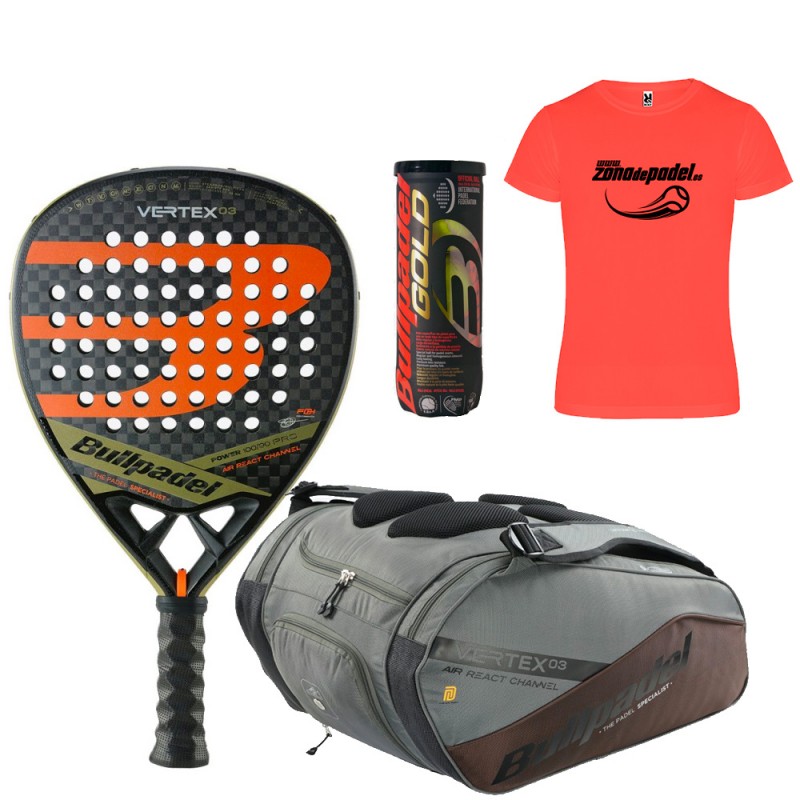 Pack Bullpadel Vertex 03 2023 + Padeltas + Ballen + T-shirt