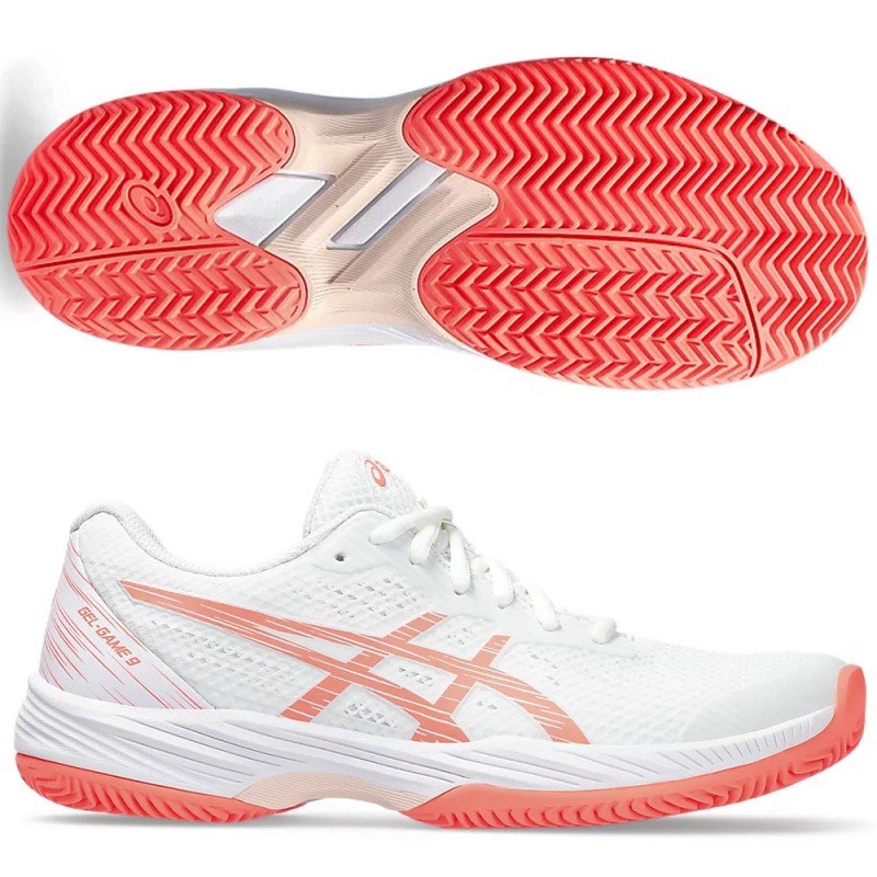 Asics Gel Game 9 Clay white sun coral dames 2024 Asics Gel Game 9 Clay white sun coral dames 2024